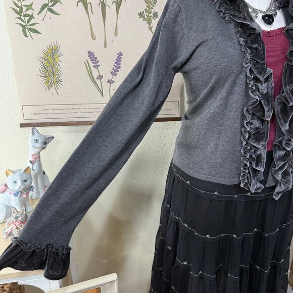 Y2k Velvet Ruffle Cardigan Sweater Gloomy Coquette Whimsigoth Romantic Goth L - Picture 4 of 9